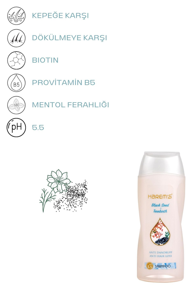 HAREM'S 350 ml Siyah Kimyon ve Menengiç İçeren Saç Dökülmesine Karşı Yenileyici Şampuan