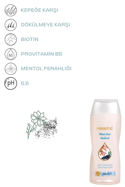 HAREM'S 350 ml Siyah Kimyon ve Menengiç İçeren Saç Dökülmesine Karşı Yenileyici Şampuan