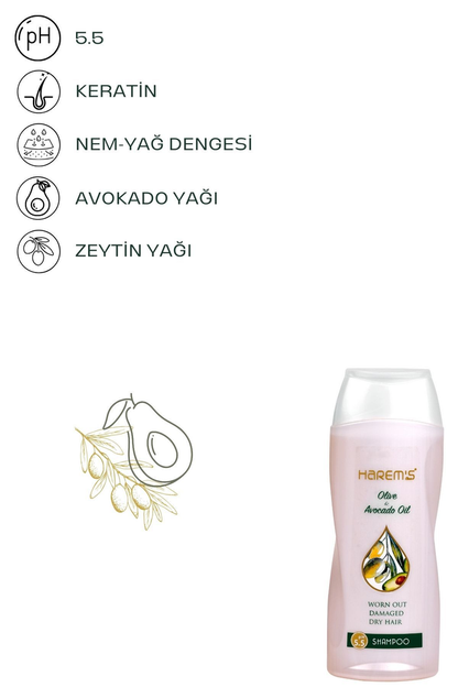 HAREM'S 350 ml Zeytinyağı ve Avokado Yağı içeren hasarlı saçlar için yenileyici şampuan